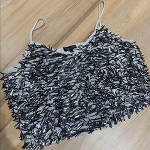 TOPSHOP Women’s White Silver Metallic Fringe Sequin Crop Tank Top